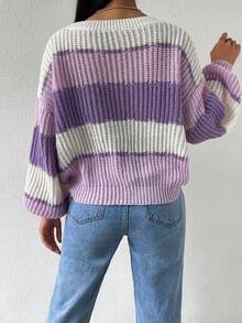 1 buah Sweater Pullover Tebal Kasual untuk Anak Perempuan, Atasan Rajut Bergaris Ungu yang Nyaman & Lembut, Musim Gugur/Dingin - Purple - View 4