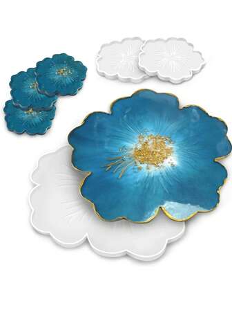 1 件树脂托盘模具和杯垫模具（大/小）用于树脂铸造，花形环氧树脂铸造模具，用于 DIY、家居装饰