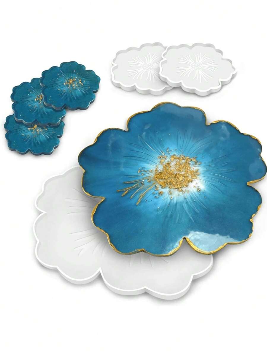 1 Pc Resin Tray Mold And Coaster Molds Large/ Small For Resin Casting, Flower Shape Epoxy Resin Casting Molds For DIY, Home Decoration - White - View 1
