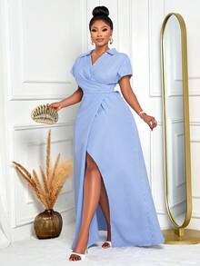 BIUBIU 大码女式性感优雅条纹碎花连衣裙，适合日常通勤时尚套装、茶会、早午餐、乡村音乐会、夏季 - 藍色 - 查看 6