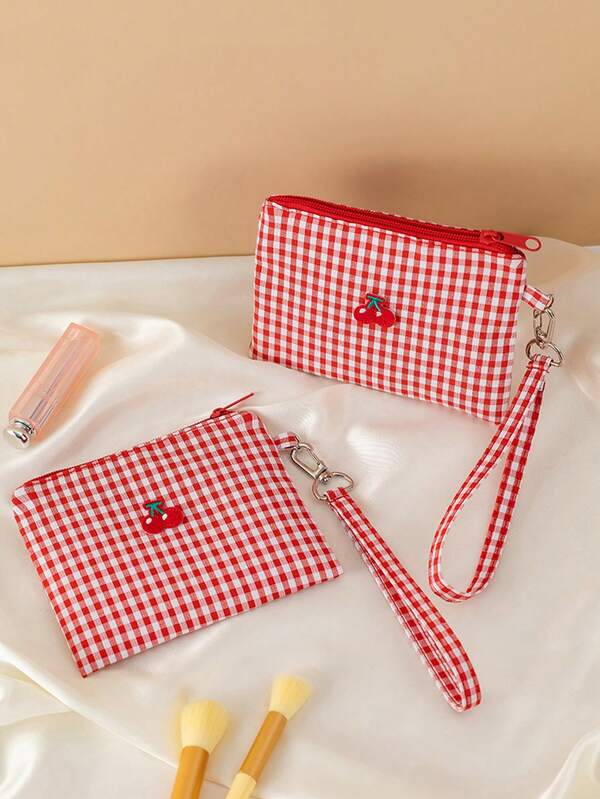 1pc Canvas Cosmetic Bag With Embroidered Cherry Pattern, Large Capacity Red Plaid Makeup Bag For Makeup, Brushes, Lipstick, Skincare, Phone, Coins, Small Items, Suitable For Christmas, Holidays, Multifunctional Cosmetic Travel Organizer, Gift Storage Zipper Accessories, Nail Care Tools