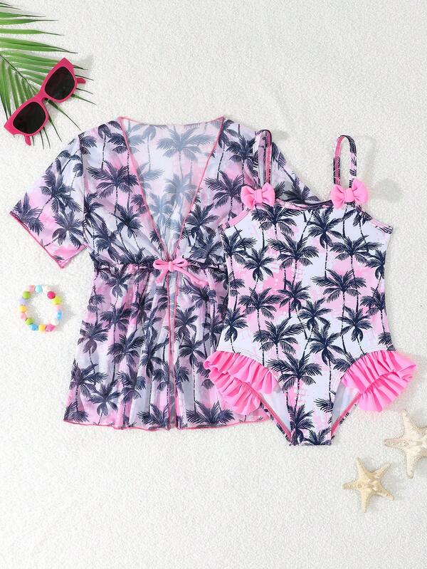 Coconut Shadow & Purple Wave Holiday Young Girl Spaghetti Strap Bow Decor Ruffle One-Piece Swimsuit Set