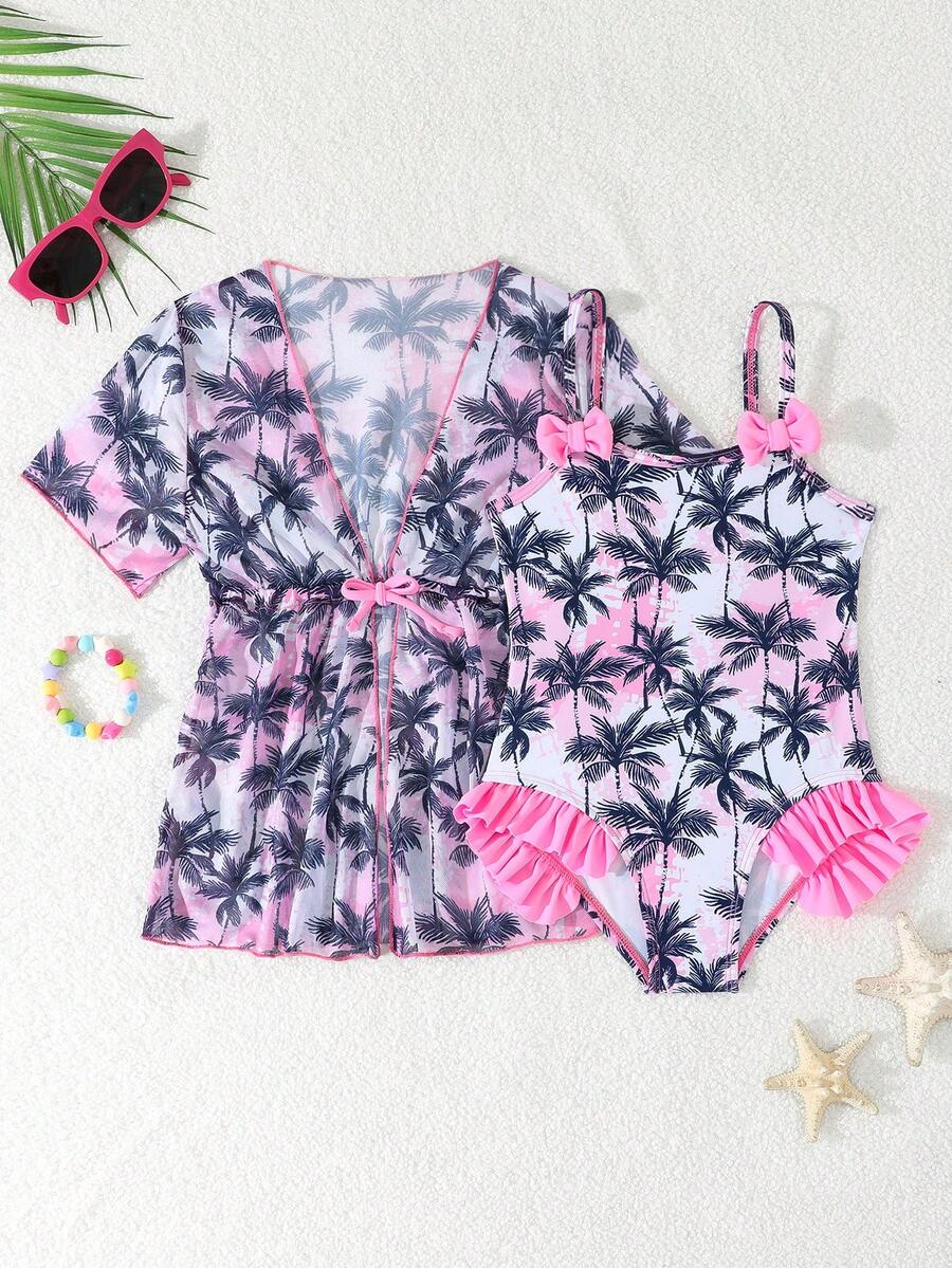 Conjunto de traje de baño de una pieza con volantes, tirantes finos y lazo decorativo, con estampado de sombra de coco y ola púrpura, para niñas jóvenes - Multicolor - Ver 1