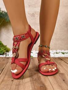 女士平底凉鞋，时尚波西米亚风格交叉复古装饰休闲凉鞋，复古图案轻便舒适户外休闲百搭凉鞋