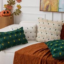 1 pezzo Federa decorativa per cuscino ricamata a motivo di zucca di Ognissanti, in morbida lana sintetica, adatta per casa, divano, camera da letto, sedia - Verde - Visualizzare 7