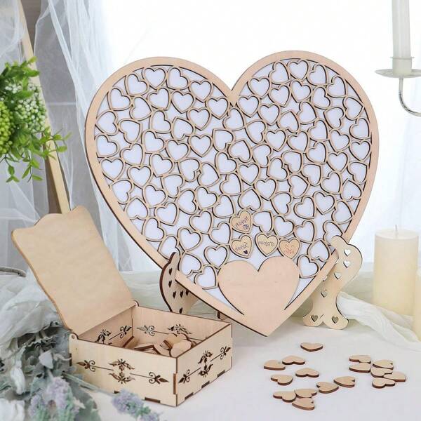 Rustic Wedding Guest Book With Wooden Hearts Drop Box - Alternative Guest Book Ideas For Reception Decor
