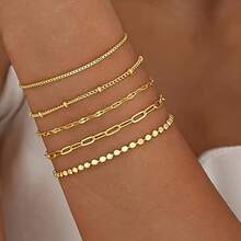 5pcs Boho Chic Multi-Layer Women'S Bracelet Set - Lightweight & Simple, Golden Tone Iron Bangles With Textured Design - Versatile Jewelry For Daily Wear & Special Occasion - Vàng - Xem 3