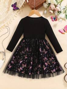 1pc Elegant Round Neck Long Sleeve Butterfly Print Flare Dress, Knee-Length, Mesh Detail, Suitable For Children, Spring/Autumn - Black - View 2