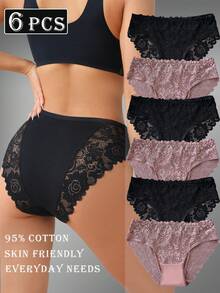 6 Stücke elegantes Set aus einfarbiger Baumwoll-Slip-Unterhose mit Spitzenbesatz für Damen