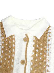 Women's Hollow Out Sheer Collar Knit Shorts Set - Khaki - View 4