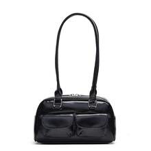 女士复古纯色 PU 皮革单肩包，带多个口袋，容量大，配有可拆卸配饰饰物 - 黑色 - 查看 6