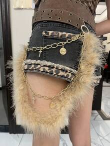 1 件女式纯色波西米亚风复古 PU 皮革双索环不对称毛皮链十字水钻装饰腰带，Y2K 街头潮流，百搭牛仔裤、裙子、休闲装和约会装 - 彩色 - 查看 2