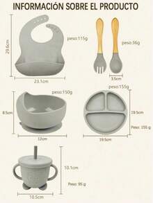 Set 6 pcs Kit Para Comida Para Bebés Babero Cuenco De Silicona Cubiertos - Gris - Ver 2