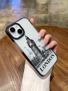 Étui de téléphone transparent au style minimaliste avec motif dessiné à la main du monument emblématique de Londres, le Big Ben, et le slogan "LONDON". Étui de protection transparent en TPU souple avec bordure noire, caractéristique de la ville de Londres. Compatible avec 13, 15, 16 Pro Max, 16, 14, 16 Plus. Étanche, antichoc, anti-chute et résistant aux rayures.