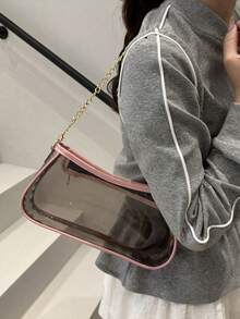 时尚撞色边框透明拼接度假链条单肩包，适合逛街、钱包、购物、年轻女性、大学生、新人、白领。非常适合办公室、大学、工作、商务、通勤、户外活动、旅行和郊游