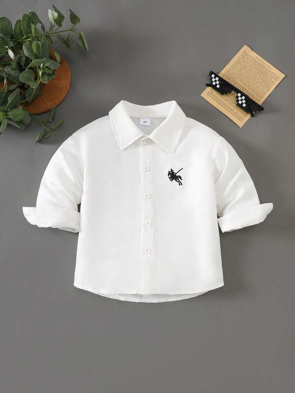 1pc Girls Casual Solid Color Knight Embroidery Pattern White Collar Cardigan Short Sleeve Shirt Blouse, Suitable For Daily, Outdoor, Beach, Holiday Travel