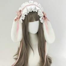 1pc Lolita Rabbit Ear Headband With Bow, Plush Rabbit Ears With Lace Bow, Suitable For Party Costumes, As Gift For Friend's Birthday, Back To School, Thanksgiving Halloween