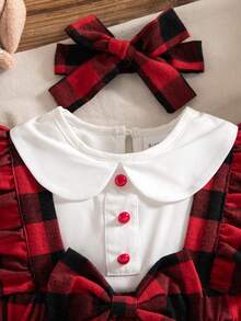 秋冬女婴套装：可爱彼得潘领衬衫、红色格子背带裙、蝴蝶结袜子、头带 - 紅色 - 查看 6