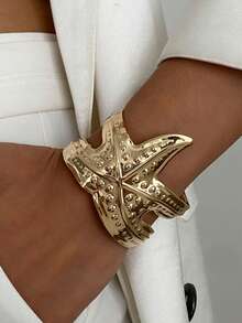 1pc Vintage Fashionable Exaggerated Creative Metallic Gold Starfish Cuff Bracelet, Simple Thick Adjustable Open Cuff Bracelet For Women, Daily Wear, Beach Resort Decor, Banquet And Party Fashion Accessory, Charm Jewelry Gift - Yellow Gold - View 3