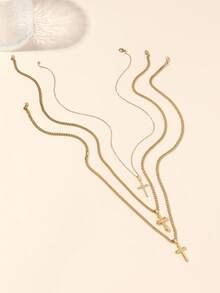 Set de 3 collares de cruz de acero inoxidable dorado, adecuado para decoración diaria o regalo de mujer - Amarillo Oro - Ver 2