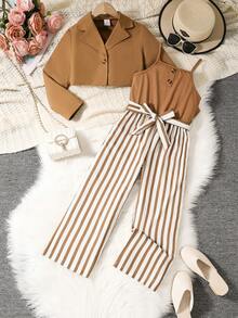 2pcs/Set Girls' Spring/Autumn New Jumpsuit Set, Girls' Brown Lapel Long Sleeve Shirt + Sleeveless Striped Jumpsuit Pants, Teenage Simple Comfortable Skin-Friendly Casual Outfit, Girls' Fashion Resort Entertainment Leisure Childrenswear - 棕色 - 查看 1