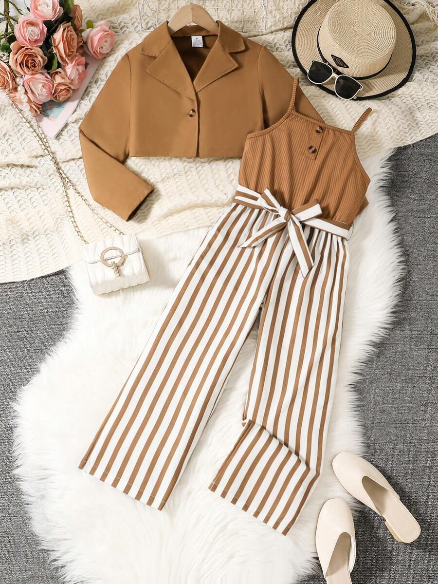 2pcs/Set Girls' Spring/Autumn New Jumpsuit Set, Girls' Brown Lapel Long Sleeve Shirt + Sleeveless Striped Jumpsuit Pants, Teenage Simple Comfortable Skin-Friendly Casual Outfit, Girls' Fashion Resort Entertainment Leisure Childrenswear - 棕色 - 查看 1