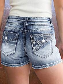 Women's High Waist American Flag Denim Shorts With Flap Pocket, Distressed Denim Shorts With Stretch Slim Casual Shorts