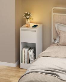 VASAGLE Table de Chevet Étroite, Table d'Appoint, avec Éclairage LED, 1 Port USB-A, 1 Port USB-C, Tiroir et Compartiment Ouvert, pour Chambre, Salon, Blanc Nuage - Blanc - Voir 1