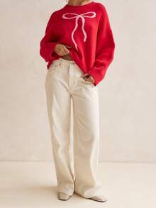 Women Knit Sweater Long Sleeve Crew Neck Bow Pullover Warm Sweater For Fall Winter - Red - View 4