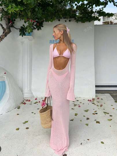 Women's New Style Pink Large Round Neck Beach Casual Dating Vacation Long Sleeve Straight Blouse, Hem Semi-Transparent Slim Sexy Fashionable Trumpet Sleeve Sweater Dress, Spring Summer Fall