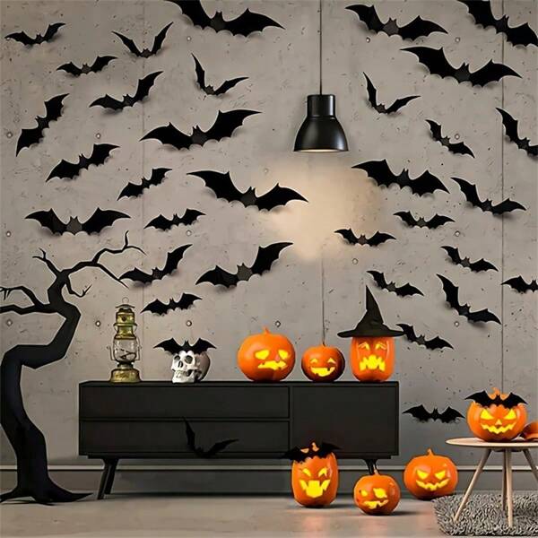 12 Piezas/24 Piezas/48 Piezas/96 Piezas/120 Piezas, Murciélagos 3D negros de PVC - Pegatinas de pared para bares de terror - Suministros para fiestas de Halloween, Decoraciones extrañas, Decoración del hogar para Halloween, Regalos para fiestas de Halloween