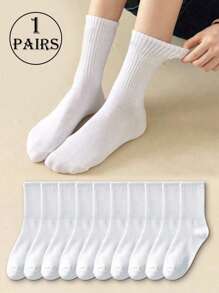 1/5/10双装女士纯色休闲中筒袜，柔软舒适蓬松，适合日常穿着、居家、办公、学校、运动，白色，舒适保暖