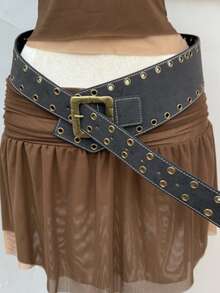 1 件女式纯色波西米亚风复古 PU 皮革双索环不对称毛皮链十字水钻装饰腰带，Y2K 街头潮流，百搭牛仔裤、裙子、休闲装和约会装 - 彩色 - 查看 14