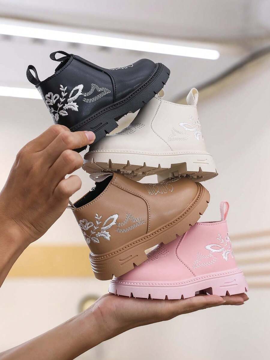 1 双女童皮革刺绣雪地靴，时尚百搭防滑踝靴，适合秋冬 - 白色 - 查看 1