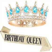 女士优雅水钻生日皇冠和绶带套装 - 闪亮金色头饰配“生日女王”牌匾，非常适合舞会、婚礼和庆典，生日派对配饰 | 闪亮皇冠 | 耐用金属皇冠，生日派对装饰品 - 彩色 - 查看 18