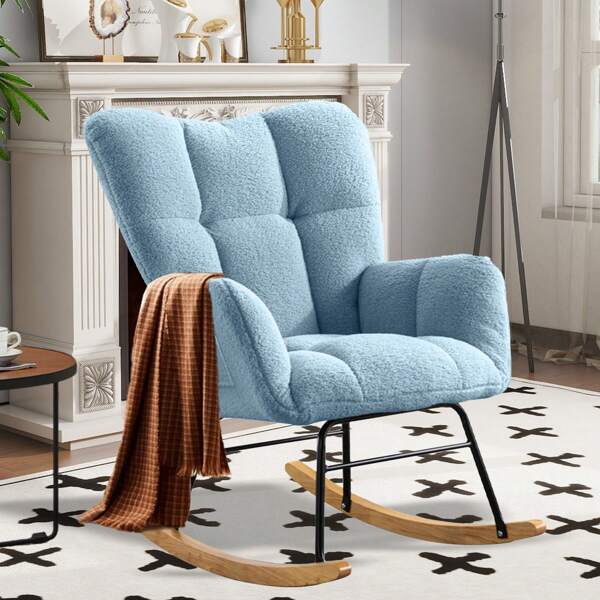 Nursery Rocking Chair Teddy Upholstered Glider Rocker,Rocking Accent Chair Padded Seat With High Backrest ,Solid Wood Legs For Nursery Bedroom Living Room