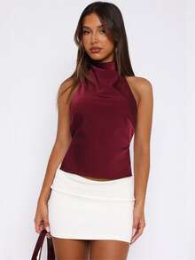 Women's Halter Neck Satin Tank Tops Mock Neck Sleeveless Backless Shirts Solid Color Slim Fit Crop Tops Summer High Neck Vest Camisoles Holiday Beachwear Party Clubwear - 酒紅色 - 查看 4