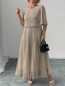 Đầm voan xếp ly tay cánh dơi cổ tròn màu trơn thanh lịch dành cho nữ, mùa hè - Màu Khaki - Xem 2