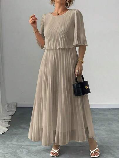 女士优雅纯色圆领蝙蝠袖雪纺褶皱连衣裙，夏季