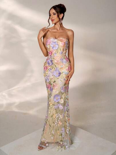Elegant Floral Embroidery Luxurious Sleeveless Dress, Romantic Glamorous Party Gown