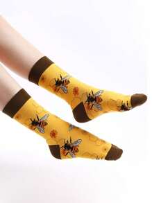 蜜蜂印花男士中筒袜 蜂窝与花卉图案休闲中筒袜 - 彩色 - 查看 5