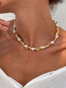 1pc Asymmetrical Faux Pearl Necklace, Pentagram Asymmetrical Clavicle Chain, Suitable For All Occasions, Ideal Gift