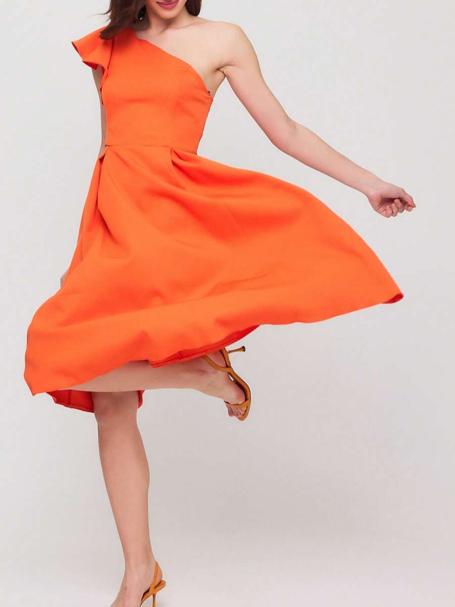 CEYLEN Women's Solid Color One Shoulder Ruffle Sleeve Elegant Mid-Length Dress - Burnt Orange - View 1