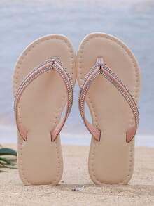 1 双加大码女童时尚拖鞋，柔软亮面 PU 材质，浪漫水钻装饰，圆头人字拖，适合女学生休闲、沙滩、派对、夏季 - 粉色 - 查看 7