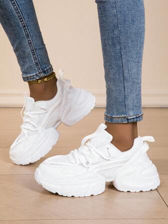 Women's Solid Color Mesh Thick Sports Shoes, Lace-Up Breathable Running Shoes, Thick-Soled Chunky Sneakers