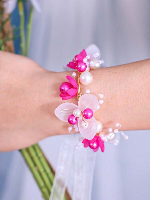 1pc Handmade Pink Floral Wrist Corsage, Romantic Purple Floral Hand Accessory, Burgundy Pearl Bridesmaid Bracelet, Green Woodland Style Handcraft Decoration, Wedding Accessories