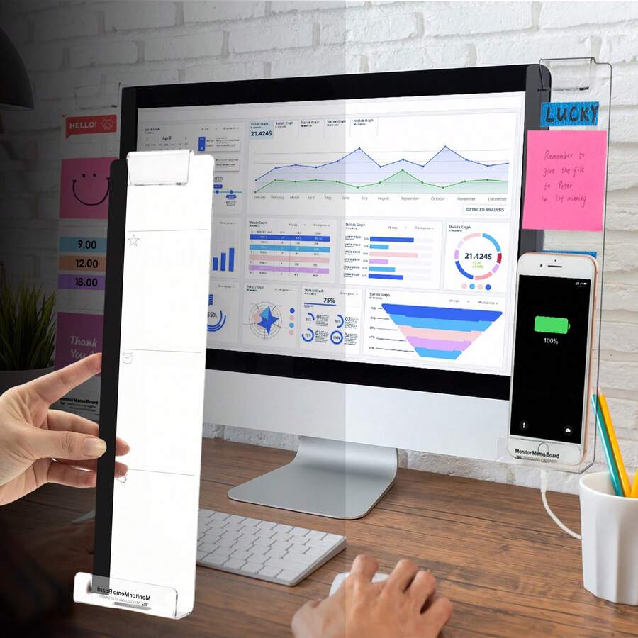 Office Desk Accessories: Monitor Stand, Notepad, Computer Message Board, Office Supplies, Unisex Computer Memo Holder With Functional Area, Home Office Essential,For School Supplies,Back To School - Transparent - View 1