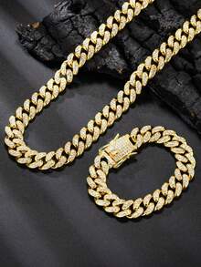 2 件黑色链项链和手链套装，男士链式颈链嘻哈首饰套装，时尚说唱歌手首饰，送给男朋友、儿子和爸爸的完美礼物 - A - 查看 2