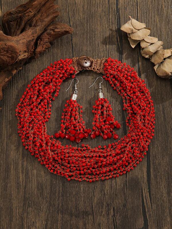 Handmade Crochet Beaded Jewelry Set, Bohemian Style Beaded Jewelry Set, Retro Solid Red White Green Necklace & Earrings 2 Pieces Set, 2025 Summer New, Versatile For Daily & Vacation, Women's Fashion Accessory, Ideal Gift
