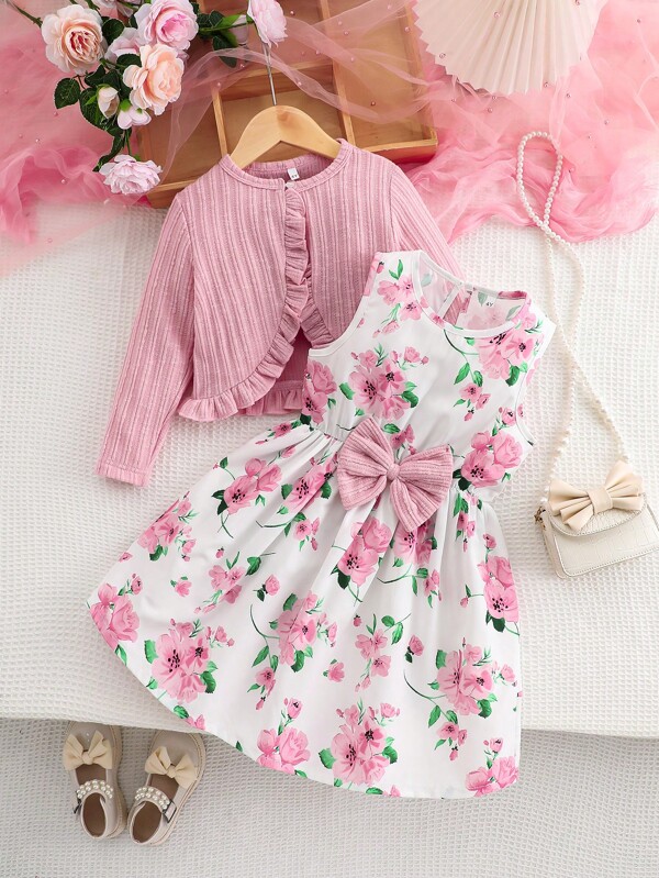 2pcs Back To School Girls Lace Trim Cardigan Jacket & Sleeveless Ditsy Floral Dress Set With Bowknot Waist, Elegant Style For Spring & Autumn